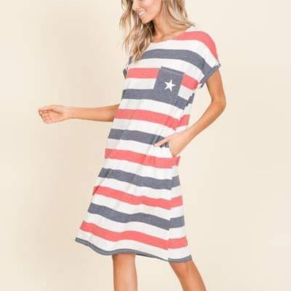 Red, white, and blue dress.